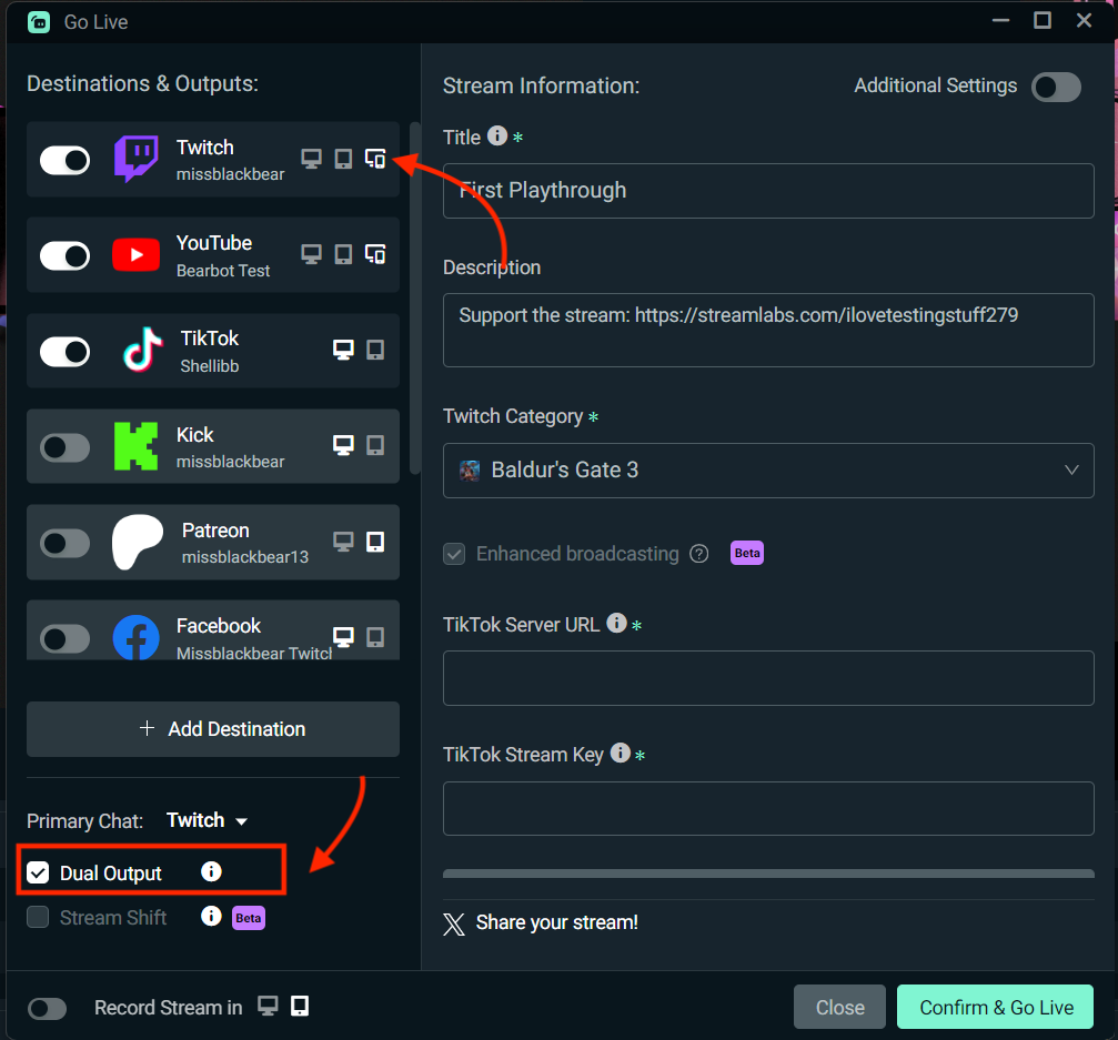 twitch dual stream go live flow in streamlabs desktop